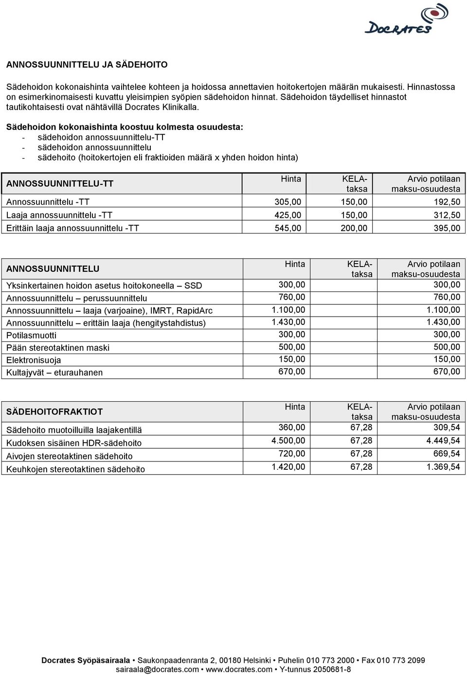 Sädehoidon kokonaishinta koostuu kolmesta osuudesta: - sädehoidon annossuunnittelu-tt - sädehoidon annossuunnittelu - sädehoito (hoitokertojen eli fraktioiden määrä x yhden hoidon hinta)