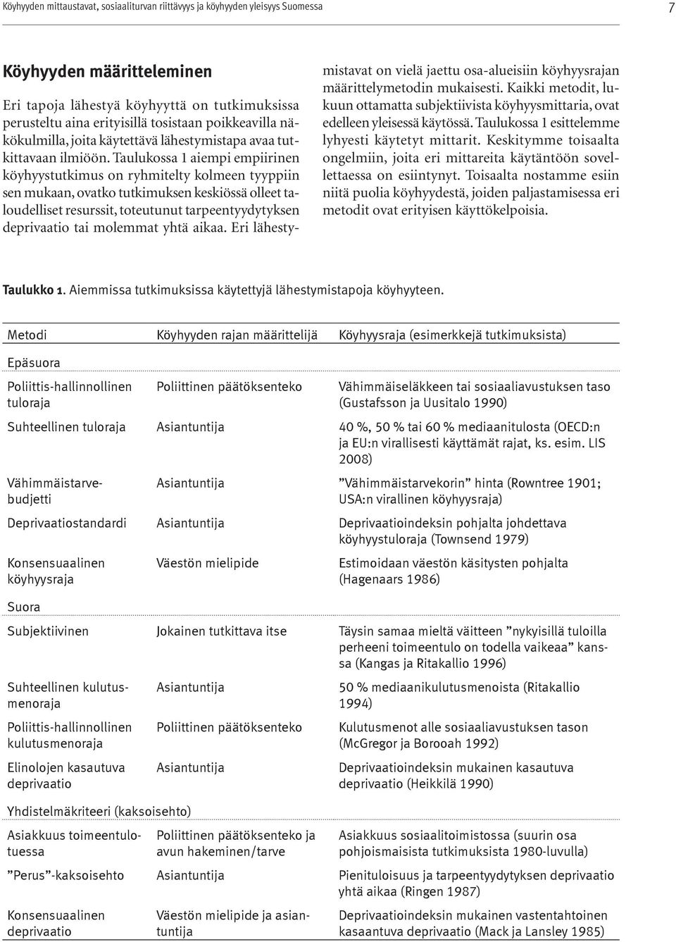 Taulukossa 1 aiempi empiirinen köyhyystutkimus on ryhmitelty kolmeen tyyppiin sen mukaan, ovatko tutkimuksen keskiössä olleet taloudelliset resurssit, toteutunut tarpeentyydytyksen deprivaatio tai