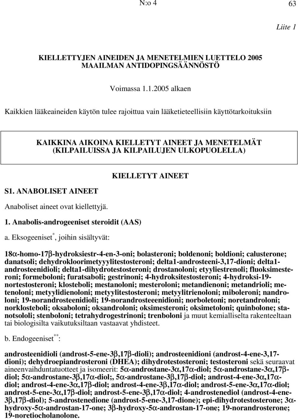 1.2005 alkaen Kaikkien lääkeaineiden käytön tulee rajoittua vain lääketieteellisiin käyttötarkoituksiin KAIKKINA AIKOINA KIELLETYT AINEET JA MENETELMÄT (KILPAILUISSA JA KILPAILUJEN ULKOPUOLELLA) S1.