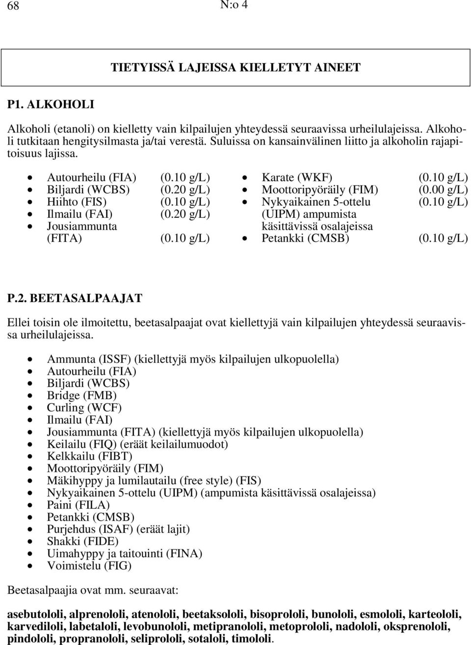 10 g/l) (0.20 g/l) (0.10 g/l) Karate (WKF) Moottoripyöräily (FIM) Nykyaikainen 5-ottelu (UIPM) ampumista käsittävissä osalajeissa Petankki (CMSB) (0.10 g/l) (0.00 g/l) (0.10 g/l) (0.10 g/l) P.2. BEETASALPAAJAT Ellei toisin ole ilmoitettu, beetasalpaajat ovat kiellettyjä vain kilpailujen yhteydessä seuraavissa urheilulajeissa.