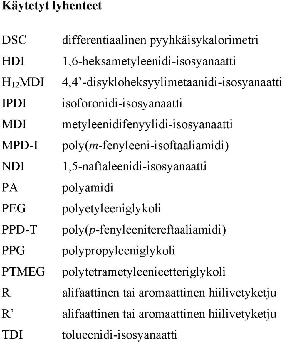 poly(m-fenyleeni-isoftaaliamidi) NDI 1,5-naftaleenidi-isosyanaatti PA polyamidi PEG polyetyleeniglykoli PPD-T