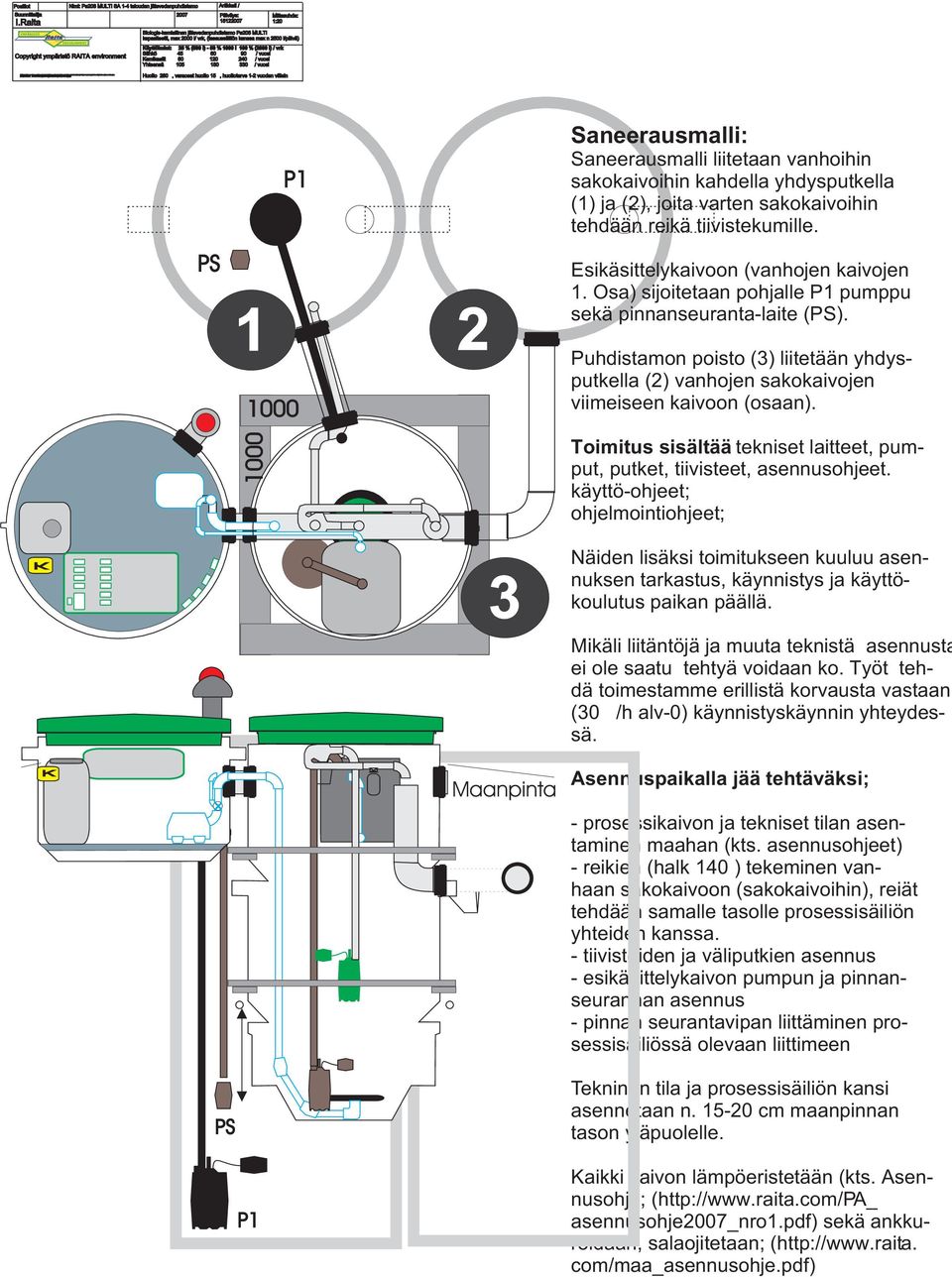 Raita Mittasuhde: 1:20 Biologis-kemiallinen jätevedenpuhdistamo Pa208 MULTI kapasiteetti, max 2000 l/ vrk, (tasaussäiliön kanssa max n 2500 l/päivä) Copyright ympäristö RAITA environment äyttökulut: