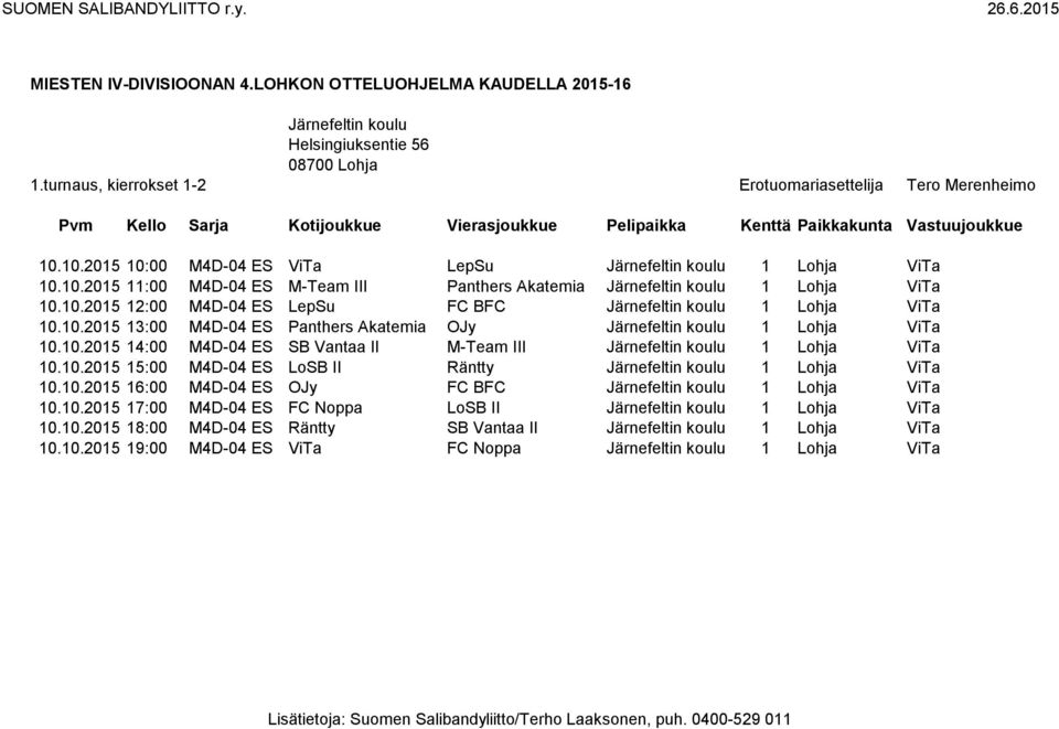 10.2015 15:00 M4D-04 ES LoSB II Räntty Järnefeltin koulu 1 Lohja ViTa 10.10.2015 16:00 M4D-04 ES OJy FC BFC Järnefeltin koulu 1 Lohja ViTa 10.10.2015 17:00 M4D-04 ES FC Noppa LoSB II Järnefeltin koulu 1 Lohja ViTa 10.