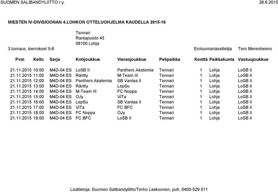 11.2015 15:00 M4D-04 ES OJy ViTa Tennari 1 Lohja LoSB II 21.11.2015 16:00 M4D-04 ES LepSu SB Vantaa II Tennari 1 Lohja LoSB II 21.11.2015 17:00 M4D-04 ES ViTa FC BFC Tennari 1 Lohja LoSB II 21.11.2015 18:00 M4D-04 ES FC Noppa OJy Tennari 1 Lohja LoSB II 21.