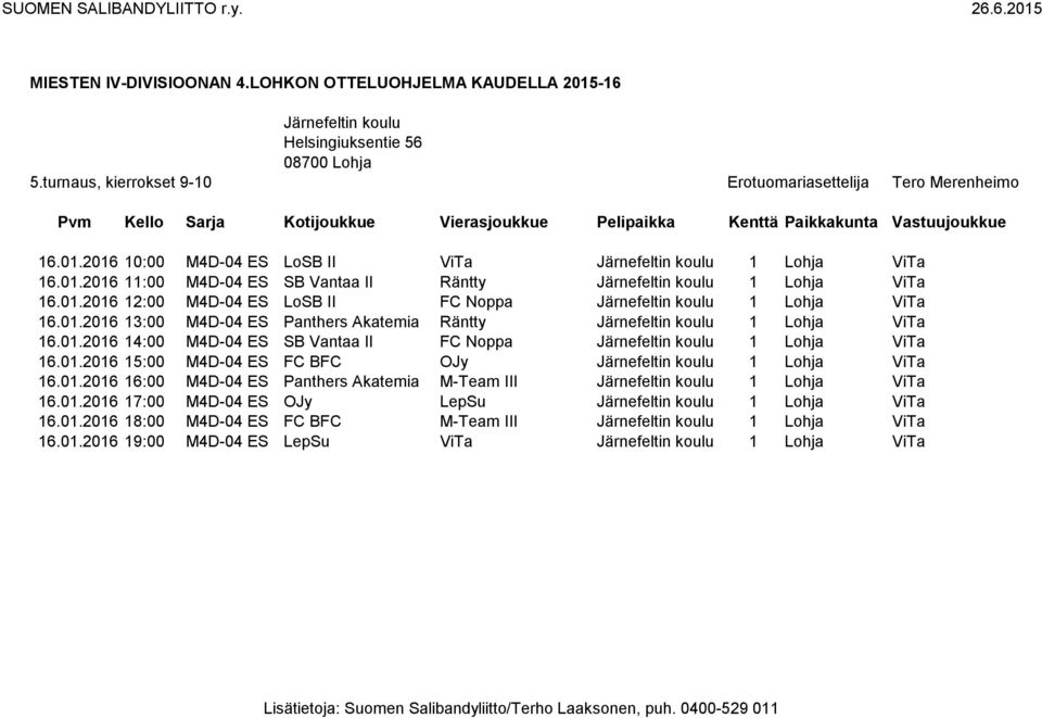 01.2016 15:00 M4D-04 ES FC BFC OJy Järnefeltin koulu 1 Lohja ViTa 16.01.2016 16:00 M4D-04 ES Panthers Akatemia M-Team III Järnefeltin koulu 1 Lohja ViTa 16.01.2016 17:00 M4D-04 ES OJy LepSu Järnefeltin koulu 1 Lohja ViTa 16.