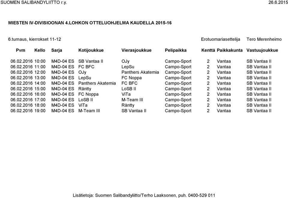 02.2016 15:00 M4D-04 ES Räntty LoSB II Campo-Sport 2 Vantaa SB Vantaa II 06.02.2016 16:00 M4D-04 ES FC Noppa ViTa Campo-Sport 2 Vantaa SB Vantaa II 06.02.2016 17:00 M4D-04 ES LoSB II M-Team III Campo-Sport 2 Vantaa SB Vantaa II 06.