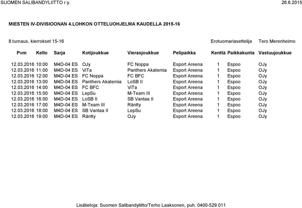 03.2016 15:00 M4D-04 ES LepSu M-Team III Esport Areena 1 Espoo OJy 12.03.2016 16:00 M4D-04 ES LoSB II SB Vantaa II Esport Areena 1 Espoo OJy 12.03.2016 17:00 M4D-04 ES M-Team III Räntty Esport Areena 1 Espoo OJy 12.