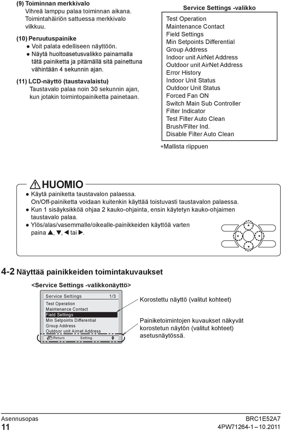 (11) LCD-näyttö (taustavalaistu) Taustavalo palaa noin 30 sekunnin ajan, kun jotakin toimintopainiketta painetaan.