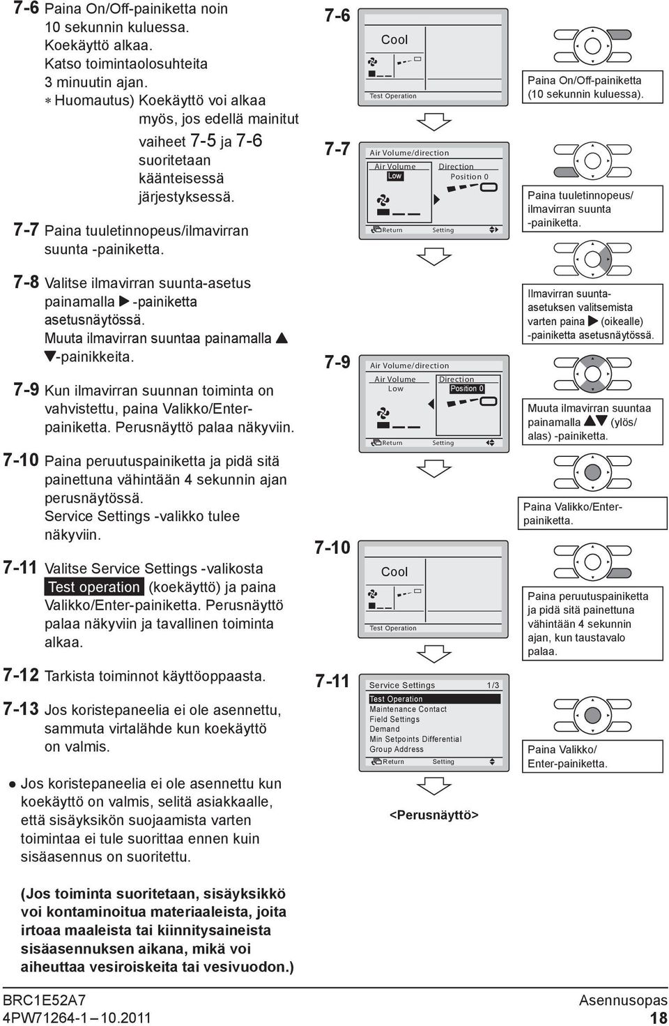 7-6 7-7 Cool Test Operation Air Volume/direction Air Volume Direction Low Position 0 Paina On/Off-painiketta (10 sekunnin kuluessa). Paina tuuletinnopeus/ ilmavirran suunta -painiketta.