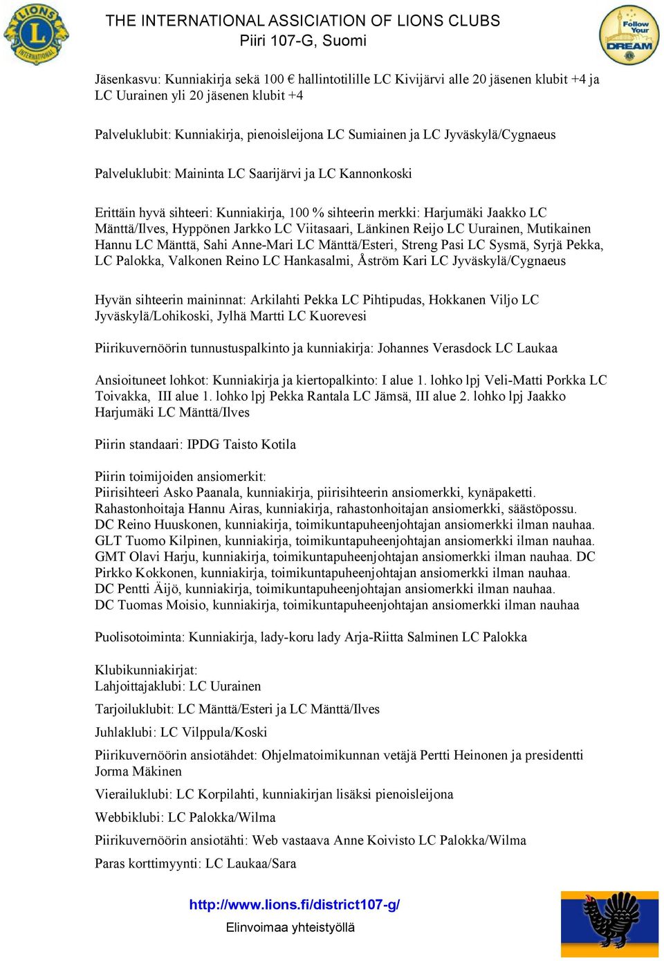 Viitasaari, Länkinen Reijo LC Uurainen, Mutikainen Hannu LC Mänttä, Sahi Anne-Mari LC Mänttä/Esteri, Streng Pasi LC Sysmä, Syrjä Pekka, LC Palokka, Valkonen Reino LC Hankasalmi, Åström Kari LC