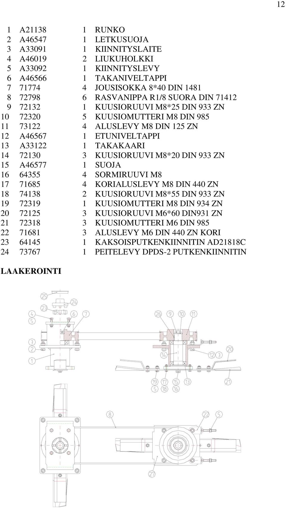 72130 3 KUUSIORUUVI M8*20 DIN 933 ZN 15 A46577 1 SUOJA 16 64355 4 SORMIRUUVI M8 17 71685 4 KORIALUSLEVY M8 DIN 440 ZN 18 74138 2 KUUSIORUUVI M8*55 DIN 933 ZN 19 72319 1 KUUSIOMUTTERI M8 DIN 934 ZN