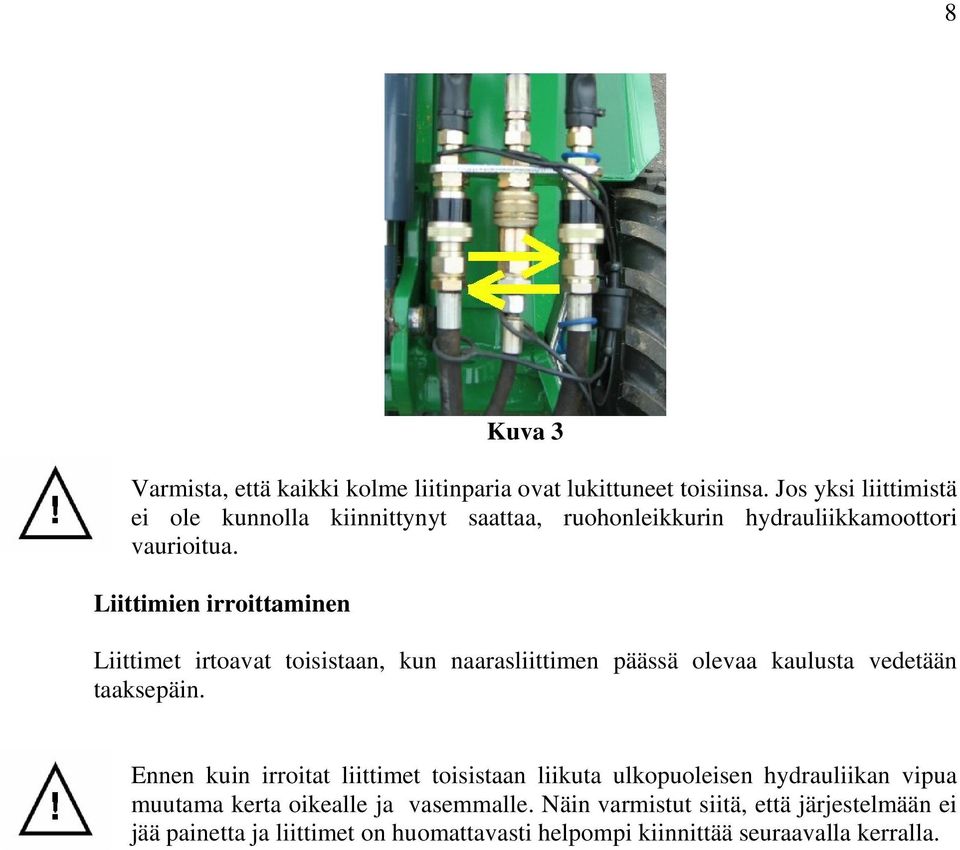 Liittimien irroittaminen Liittimet irtoavat toisistaan, kun naarasliittimen päässä olevaa kaulusta vedetään taaksepäin.