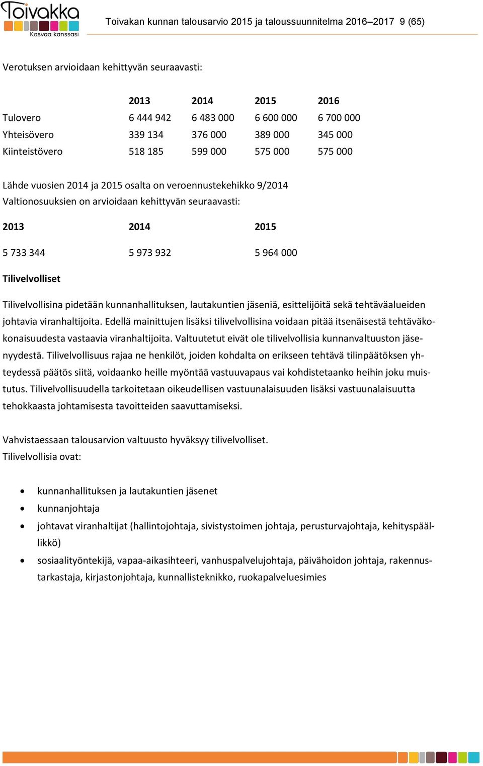 2013 2014 2015 5 733 344 5 973 932 5 964 000 Tilivelvolliset Tilivelvollisina pidetään kunnanhallituksen, lautakuntien jäseniä, esittelijöitä sekä tehtäväalueiden johtavia viranhaltijoita.