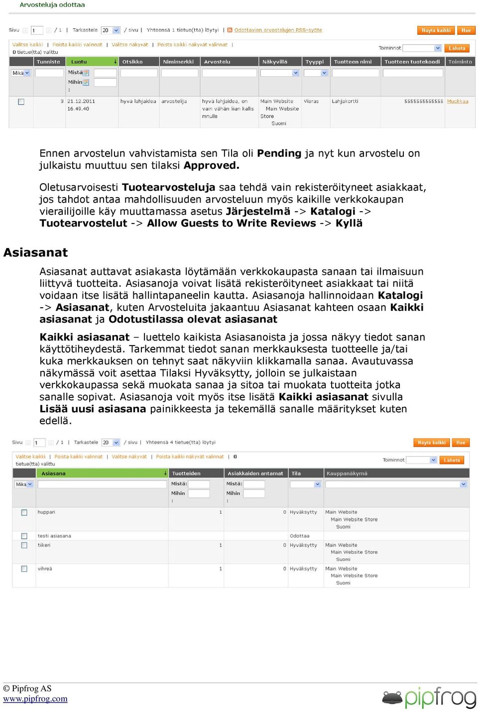 -> Katalogi -> Tuotearvostelut -> Allow Guests to Write Reviews -> Kyllä Asiasanat Asiasanat auttavat asiakasta löytämään verkkokaupasta sanaan tai ilmaisuun liittyvä tuotteita.