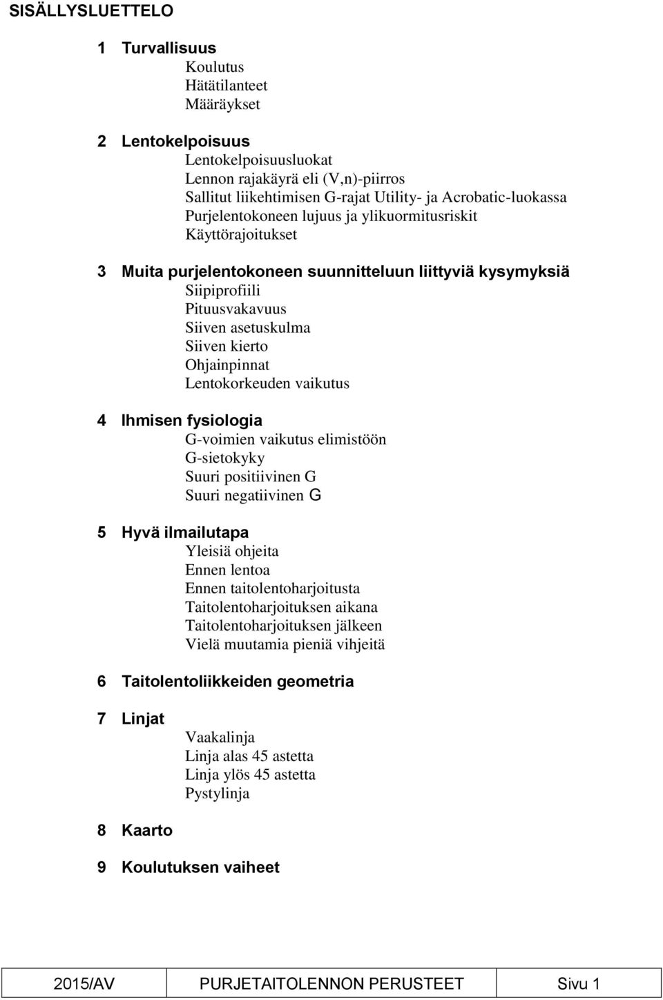 kierto Ohjainpinnat Lentokorkeuden vaikutus 4 Ihmisen fysiologia G-voimien vaikutus elimistöön G-sietokyky Suuri positiivinen G Suuri negatiivinen G 5 Hyvä ilmailutapa Yleisiä ohjeita Ennen lentoa