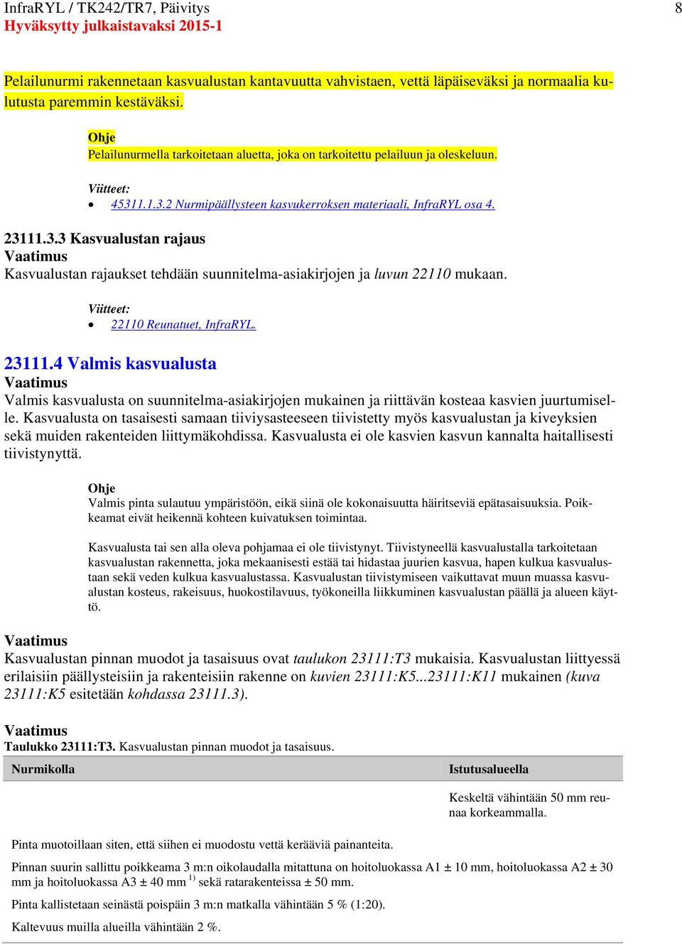 22110 Reunatuet, InfraRYL. 23111.4 Valmis kasvualusta Valmis kasvualusta on suunnitelma-asiakirjojen mukainen ja riittävän kosteaa kasvien juurtumiselle.