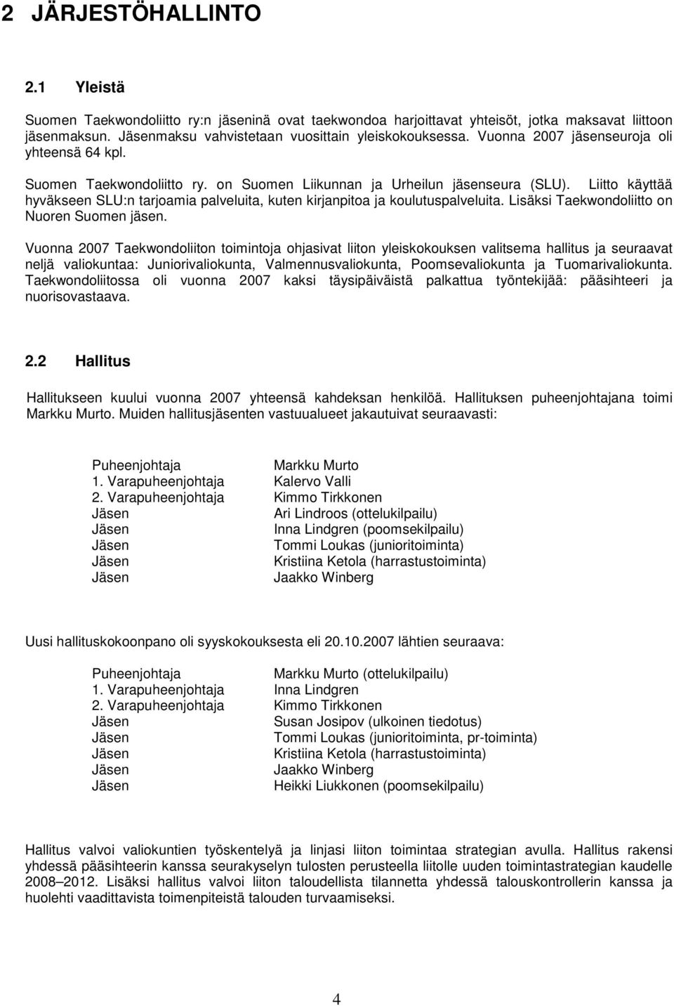 Liitto käyttää hyväkseen SLU:n tarjoamia palveluita, kuten kirjanpitoa ja koulutuspalveluita. Lisäksi Taekwondoliitto on Nuoren Suomen jäsen.