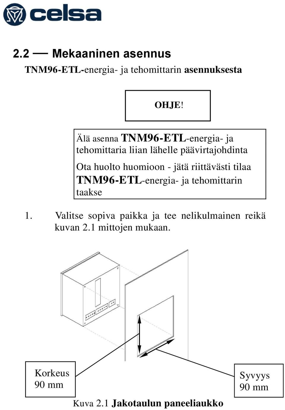 - jätä riittävästi tilaa TNM96-ETL-energia- ja tehomittarin taakse 1.