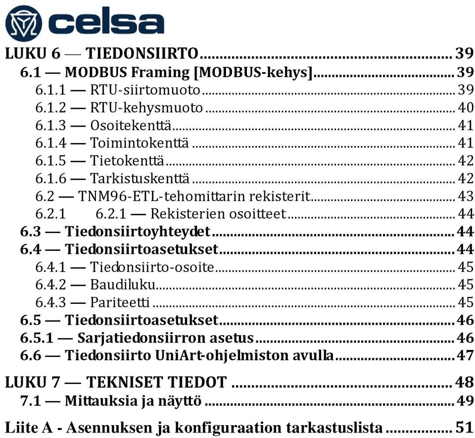 .. 44 6.4 Tiedonsiirtoasetukset... 44 6.4.1 Tiedonsiirto-osoite... 45 6.4.2 Baudiluku... 45 6.4.3 Pariteetti... 45 6.5 Tiedonsiirtoasetukset... 46 6.5.1 Sarjatiedonsiirron asetus.