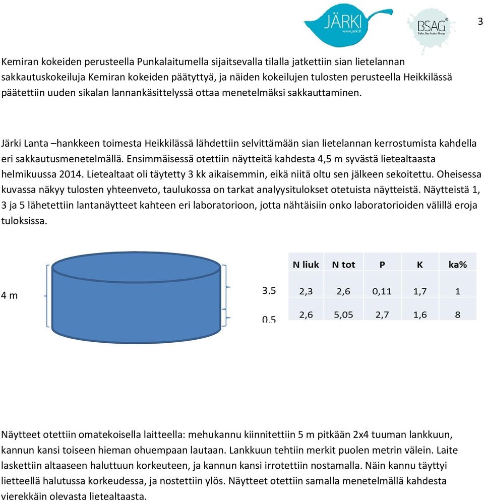 Järki Lanta hankkeen toimesta Heikkilässä lähdettiin selvittämään sian lietelannan kerrostumista kahdella eri sakkautusmenetelmällä.