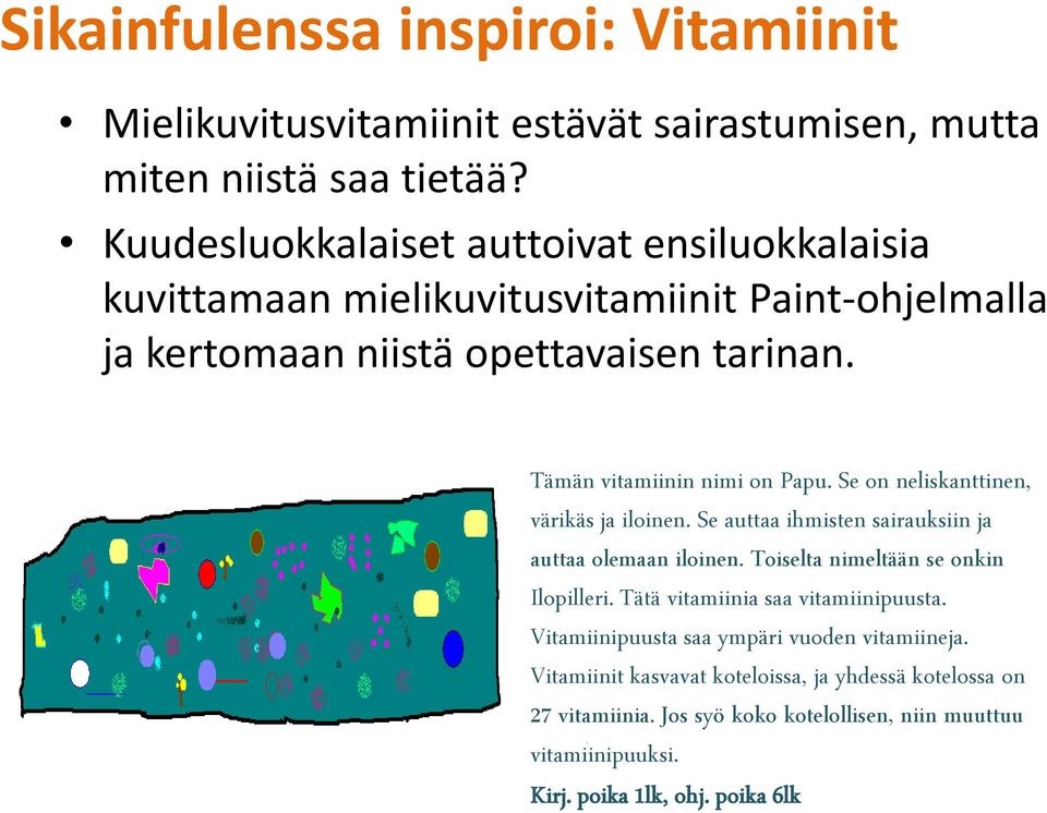 Tämän vitamiinin nimi on Papu. Se on neliskanttinen, värikäs ja iloinen. Se auttaa ihmisten sairauksiin ja auttaa olemaan iloinen.