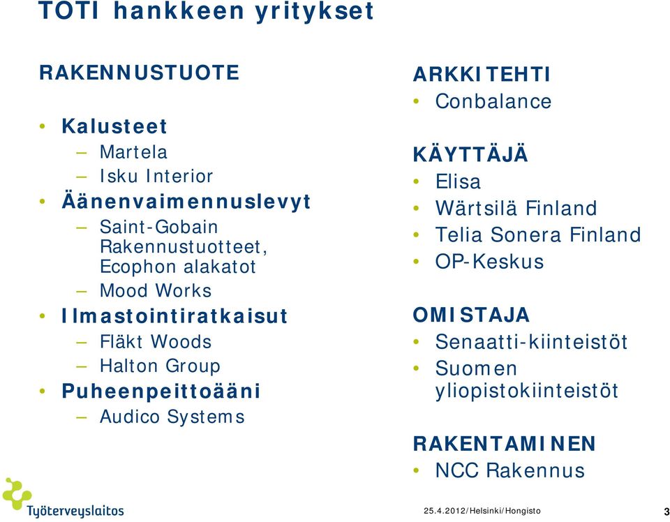Puheenpeittoääni Audico Systems ARKKITEHTI Conbalance KÄYTTÄJÄ Elisa Wärtsilä Finland Telia Sonera Finland