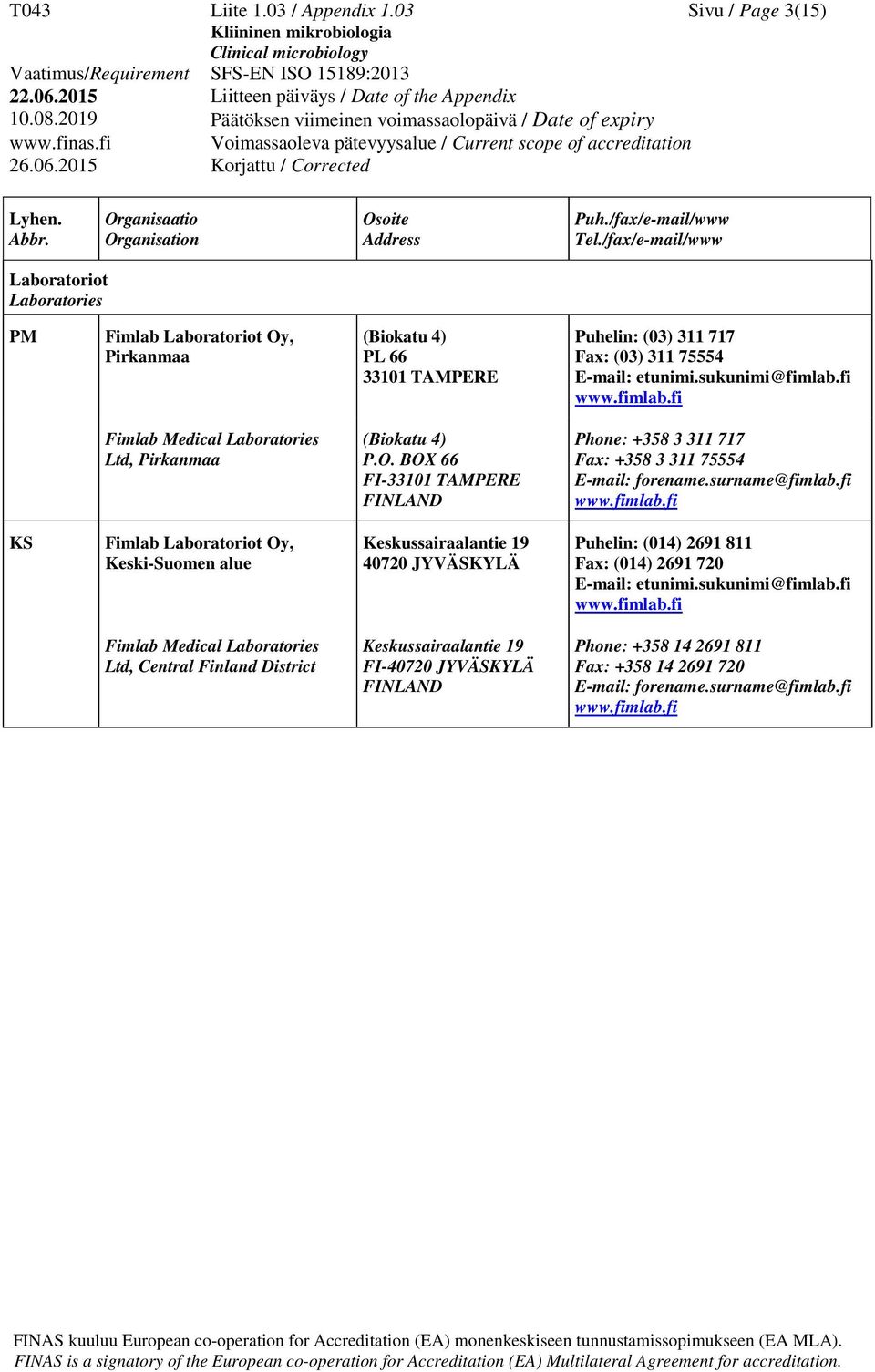 fi www.fimlab.fi Fimlab Medical Laboratories Ltd, Pirkanmaa (Biokatu 4) P.O. BOX 66 FI-33101 TAMPERE FINLAND Phone: +358 3 311 717 Fax: +358 3 311 75554 E-mail: forename.surname@fimlab.fi www.fimlab.fi KS Fimlab Laboratoriot Oy, Keski-Suomen alue Keskussairaalantie 19 40720 JYVÄSKYLÄ Puhelin: (014) 2691 811 Fax: (014) 2691 720 E-mail: etunimi.