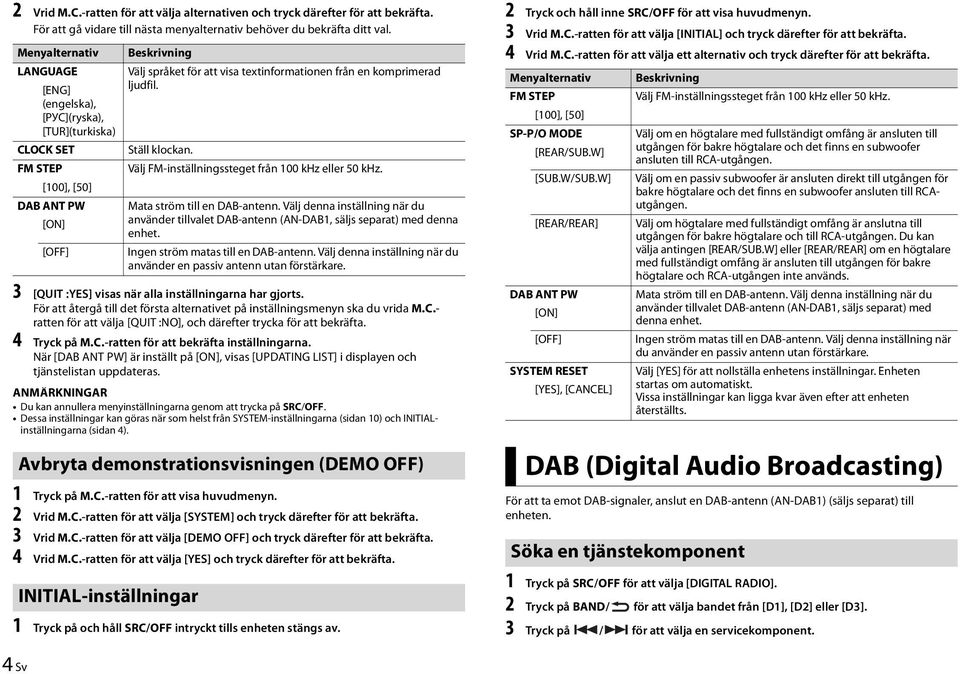 ljudfil. Ställ klockan. Välj FM-inställningssteget från 100 khz eller 50 khz. Mata ström till en DAB-antenn.