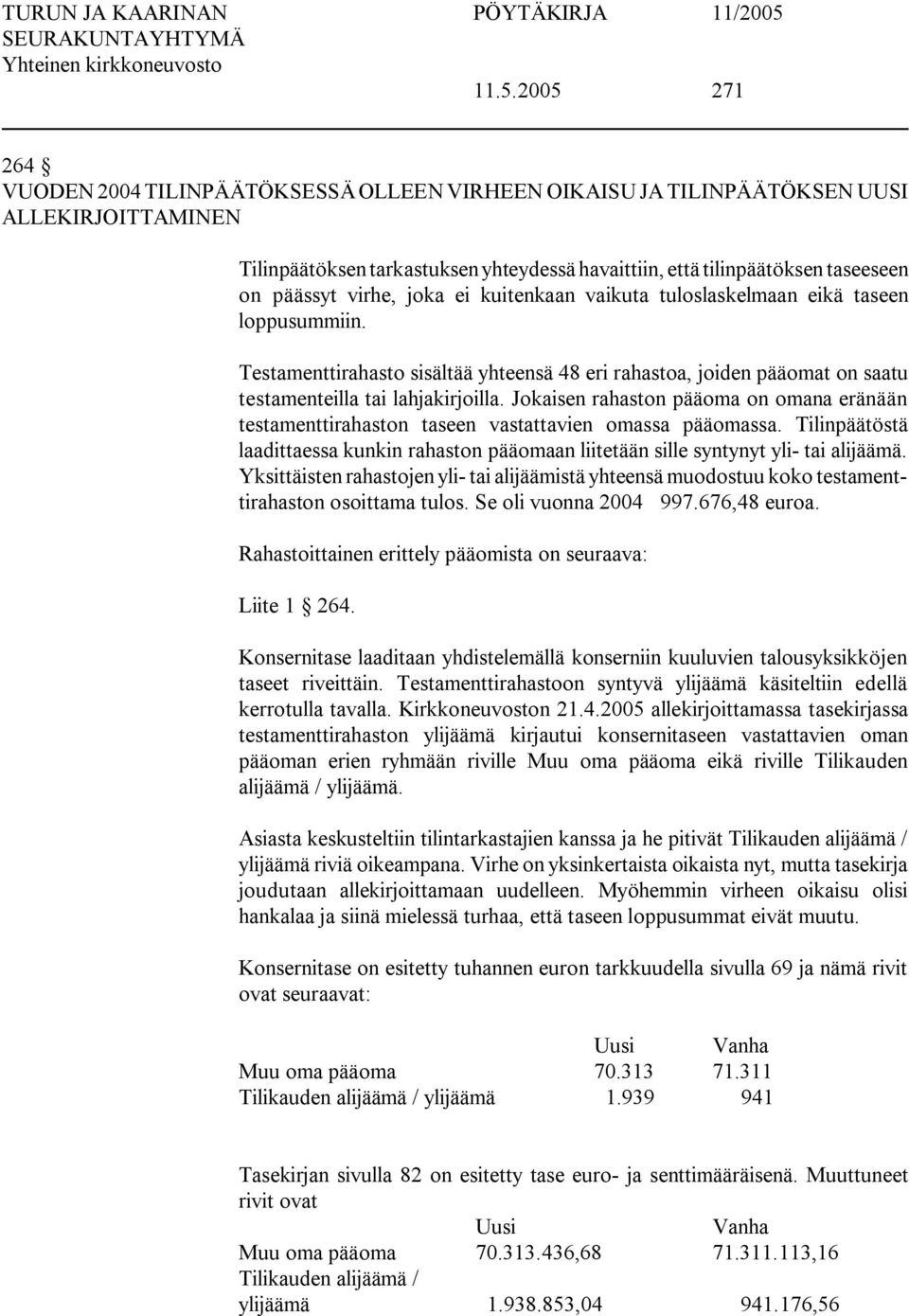 Jokaisen rahaston pääoma on omana eränään testamenttirahaston taseen vastattavien omassa pääomassa. Tilinpäätöstä laadittaessa kunkin rahaston pääomaan liitetään sille syntynyt yli tai alijäämä.