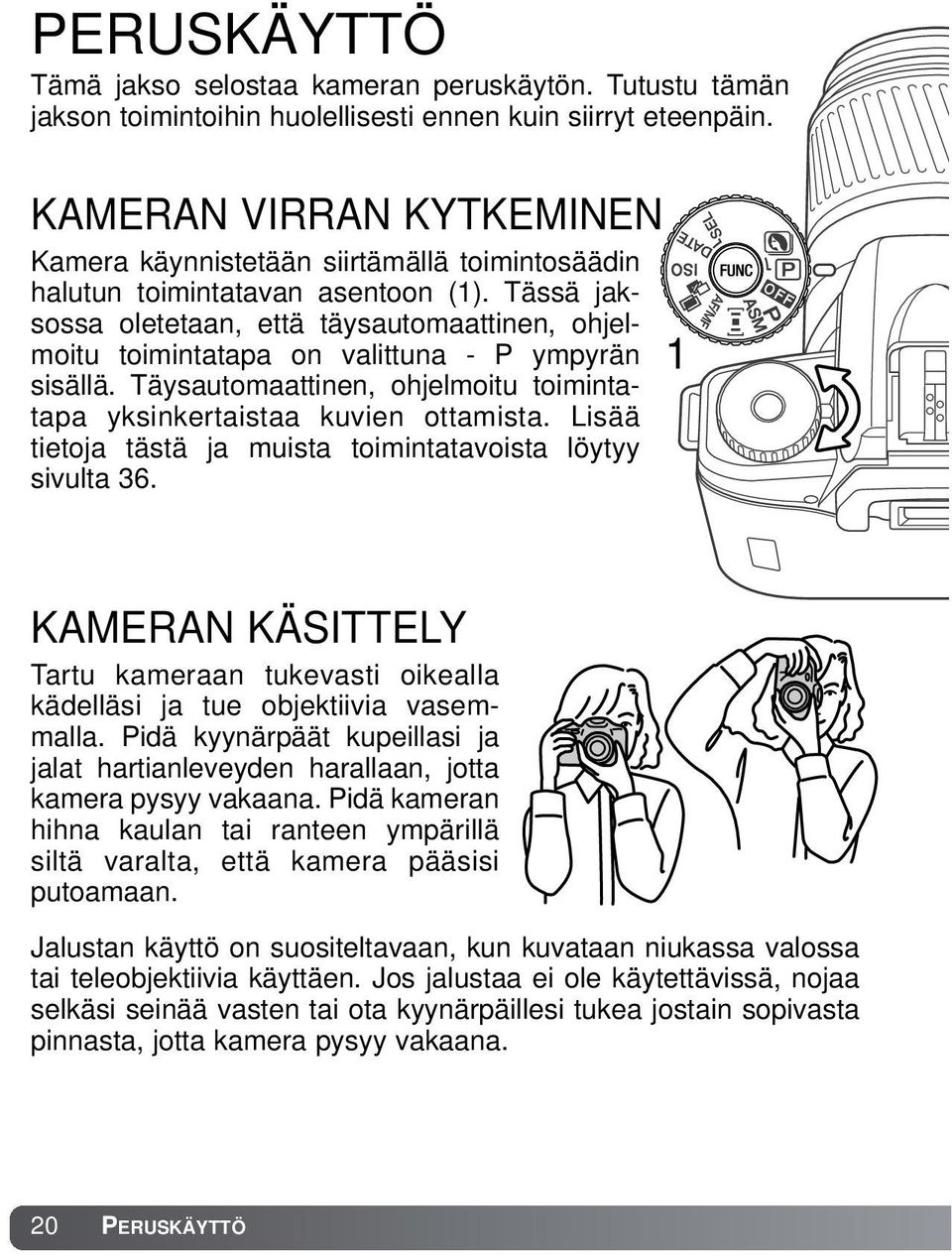 Tässä jaksossa oletetaan, että täysautomaattinen, ohjelmoitu toimintatapa on valittuna - P ympyrän sisällä. Täysautomaattinen, ohjelmoitu toimintatapa yksinkertaistaa kuvien ottamista.