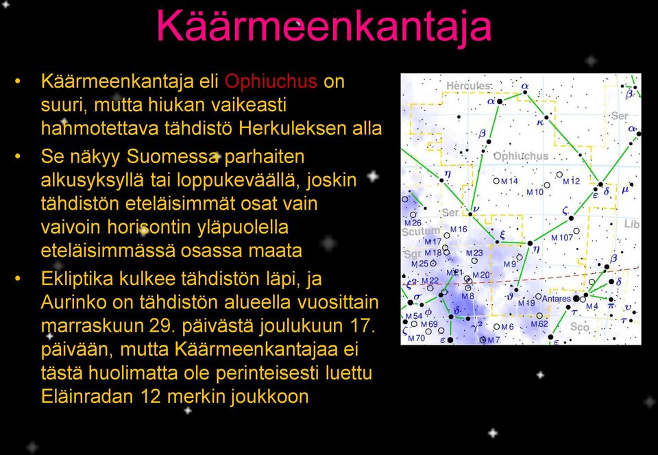 yläpuolella eteläisimmässä osassa maata Ekliptika kulkee tähdistön läpi, ja Aurinko on tähdistön alueella vuosittain