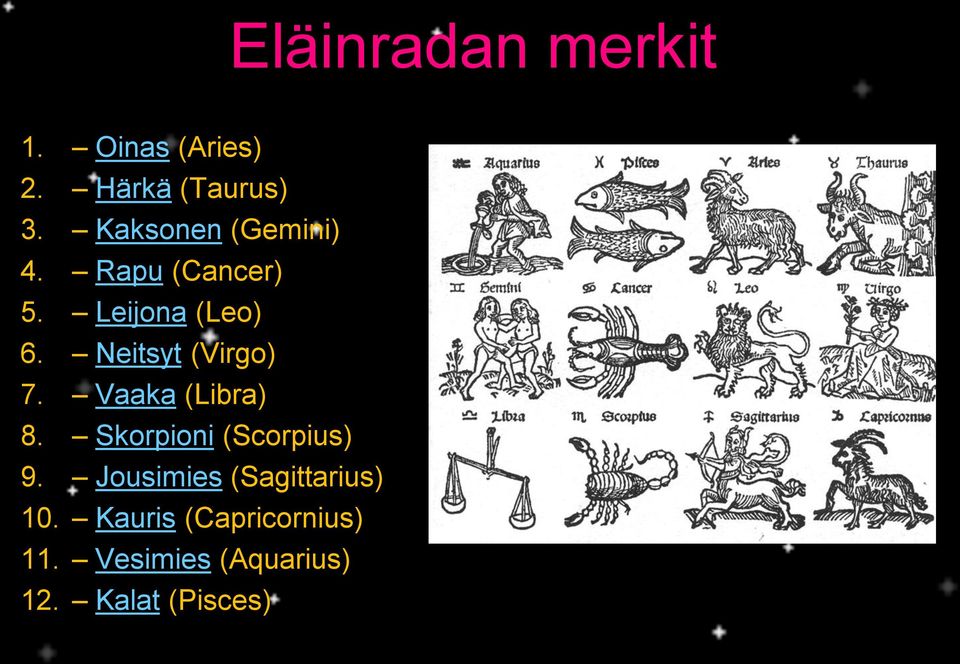 Neitsyt (Virgo) 7. Vaaka (Libra) 8. Skorpioni (Scorpius) 9.