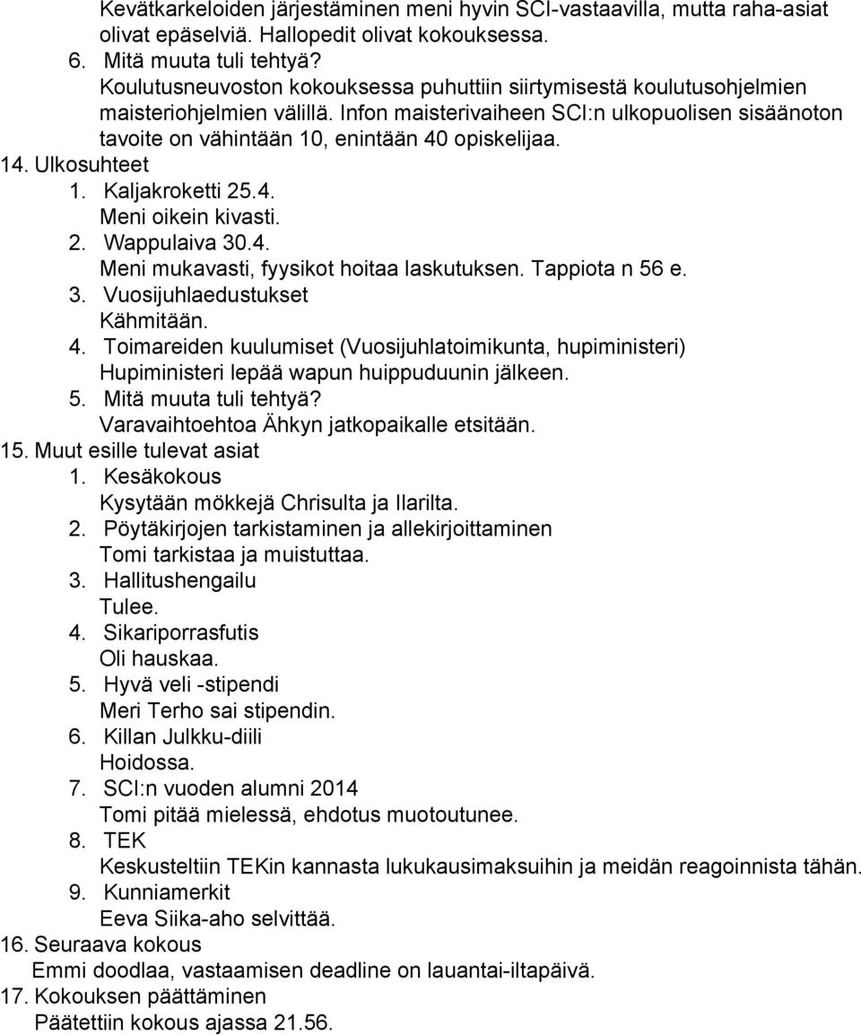 14. Ulkosuhteet 1. Kaljakroketti 25.4. Meni oikein kivasti. 2. Wappulaiva 30.4. Meni mukavasti, fyysikot hoitaa laskutuksen. Tappiota n 56 e. 3. Vuosijuhlaedustukset Kähmitään. 4.