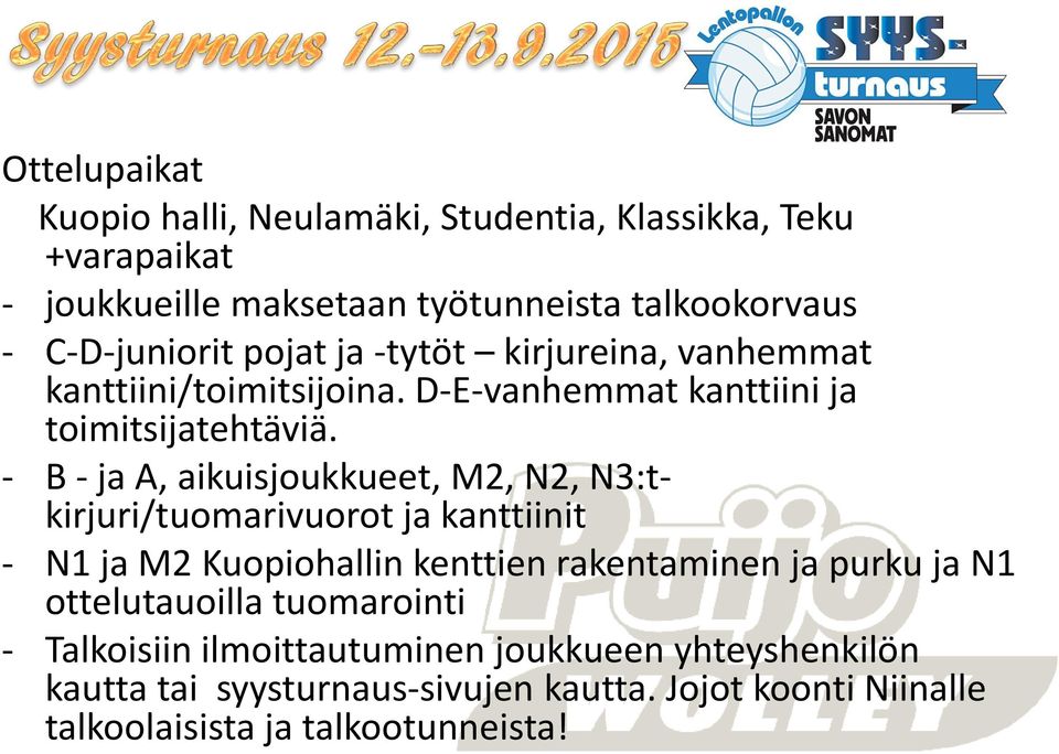 - B - ja A, aikuisjoukkueet, M2, N2, N3:tkirjuri/tuomarivuorot ja kanttiinit - N1 ja M2 Kuopiohallin kenttien rakentaminen ja purku ja N1