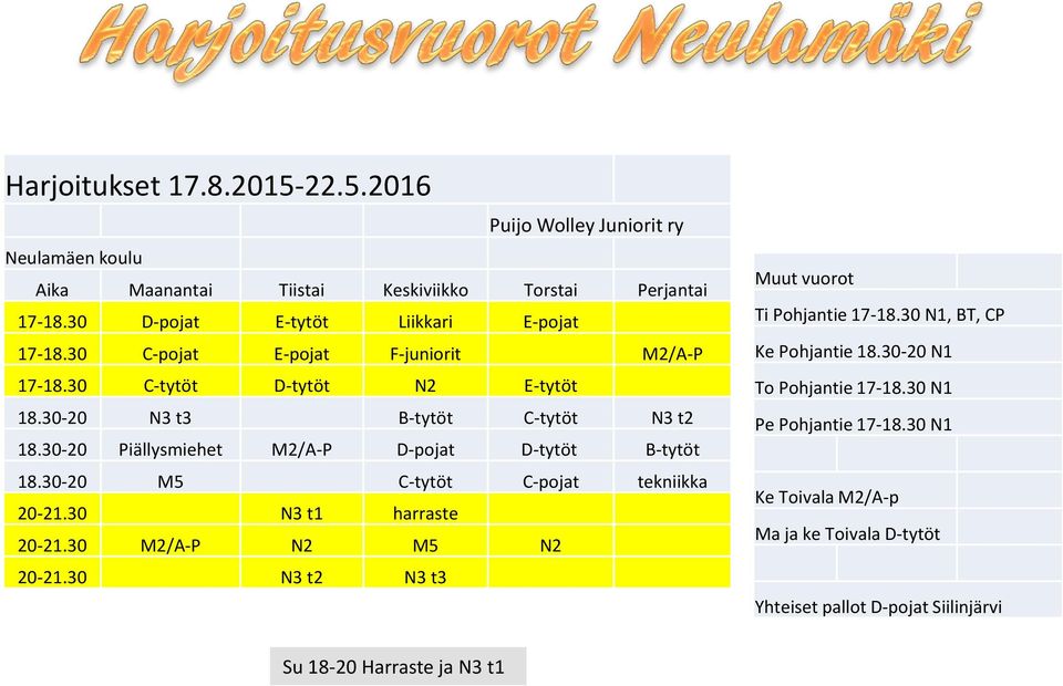 30-20 Piällysmiehet M2/A-P D-pojat D-tytöt B-tytöt 18.30-20 M5 C-tytöt C-pojat tekniikka 20-21.30 N3 t1 harraste 20-21.30 M2/A-P N2 M5 N2 20-21.