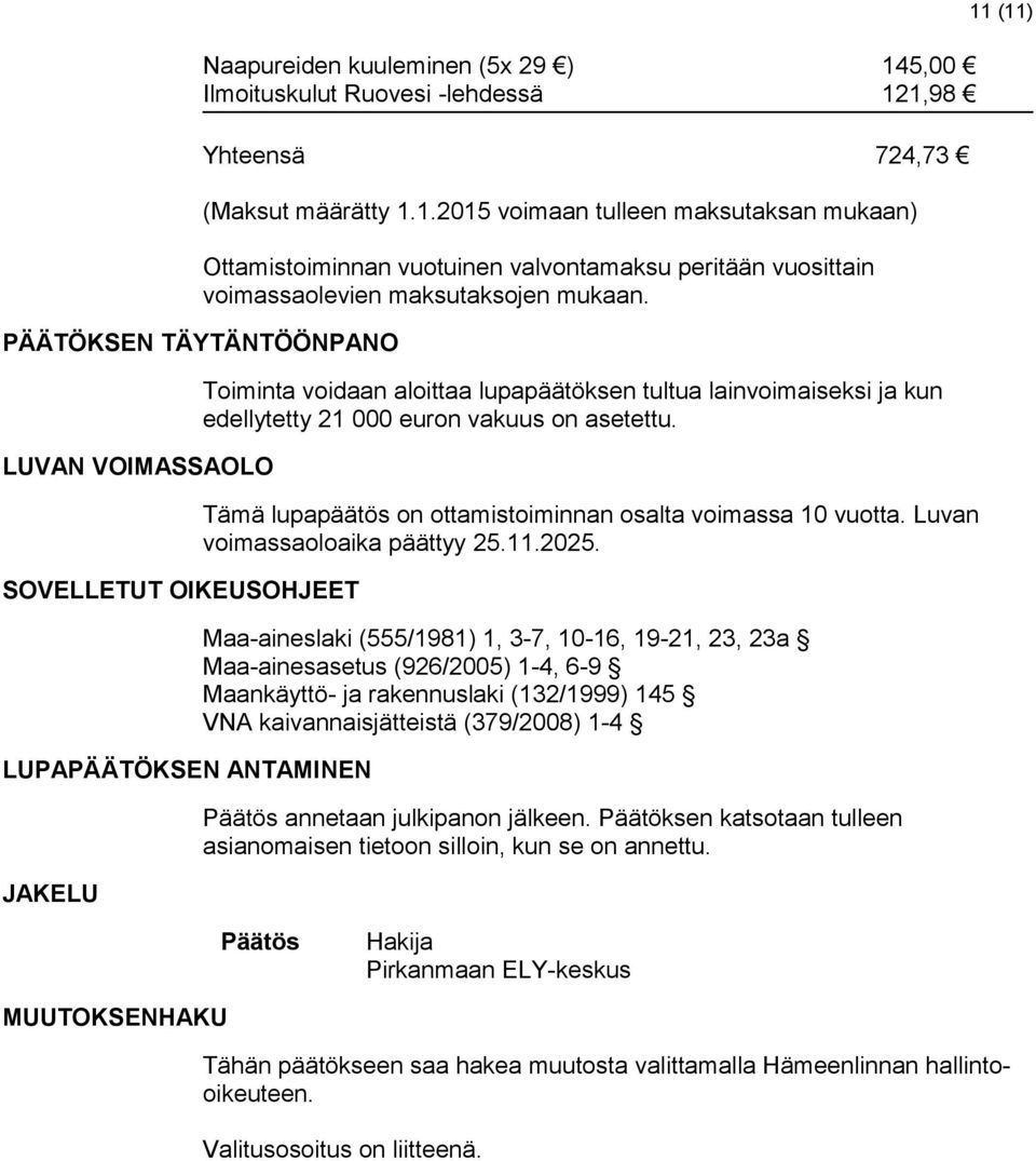 on asetettu. Tämä lupapäätös on ottamistoiminnan osalta voimassa 10 vuotta. Luvan voimassaoloaika päättyy 25.11.2025.