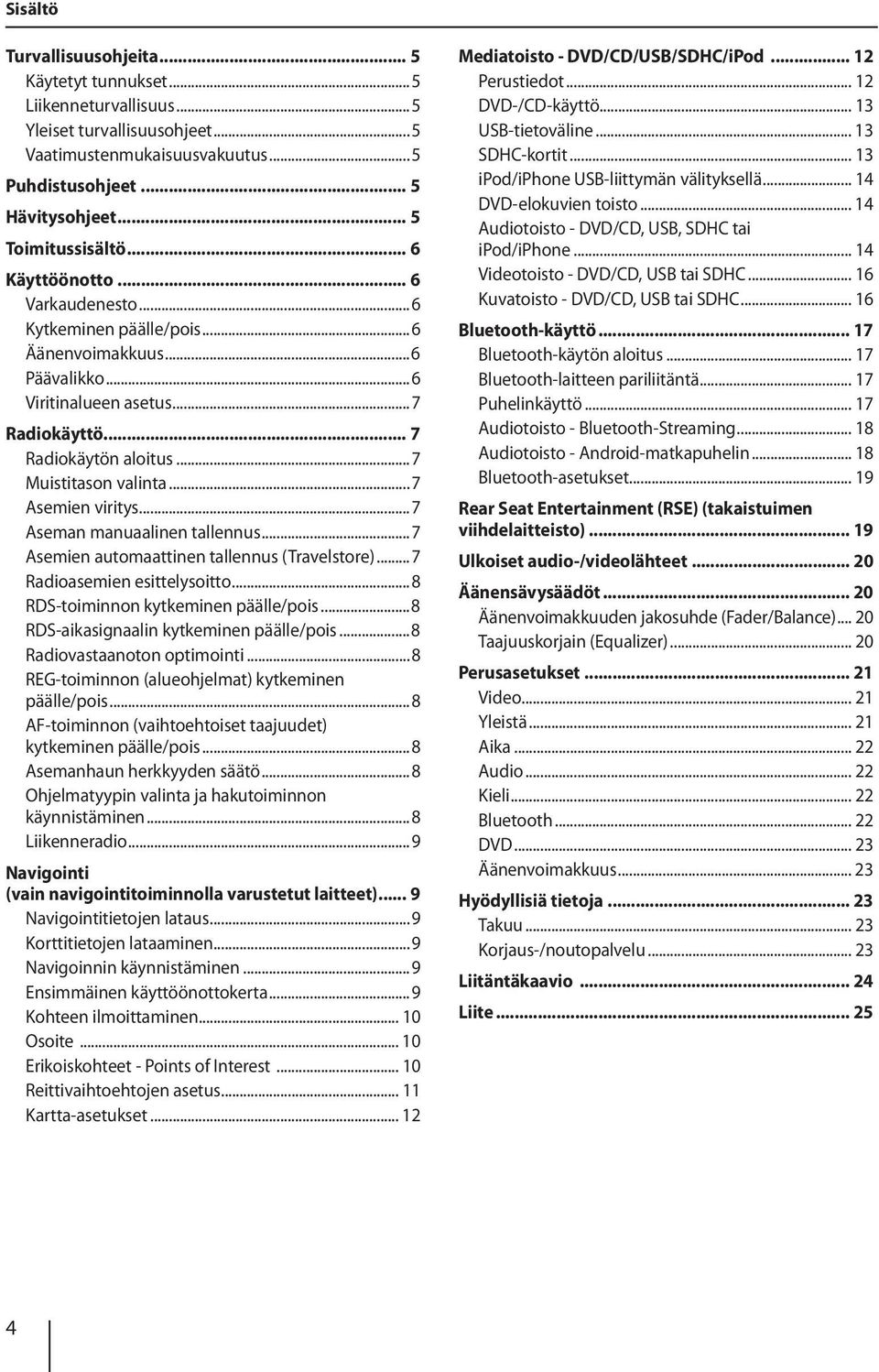 ..7 Asemien viritys...7 Aseman manuaalinen tallennus...7 Asemien automaattinen tallennus (Travelstore)...7 Radioasemien esittelysoitto...8 RDS-toiminnon kytkeminen päälle/pois.