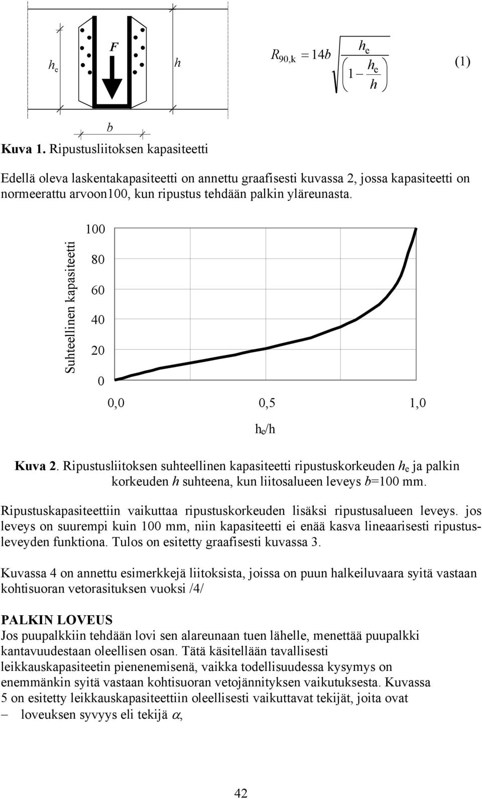 100 Suhteellinen kapasiteetti 80 60 40 20 0 0,0 0,5 1,0 Kuva 2. Ripustusliitoksen suhteellinen kapasiteetti ripustuskorkeuden h e ja palkin korkeuden h suhteena, kun liitosalueen leveys b=100 mm.