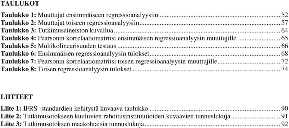 .. 66 Taulukko 6: Ensimmäisen regressioanalyysin tulokset... 68 Taulukko 7: Pearsonin korrelaatiomatriisi toisen regressioanalyysin muuttujille.