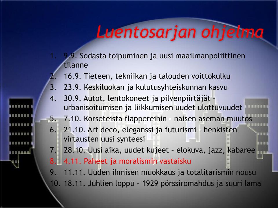 10. Art deco, eleganssi ja futurismi henkisten virtausten uusi synteesi 7. 28.10. Uusi aika, uudet kujeet elokuva, jazz, kabaree 8. 4.11.