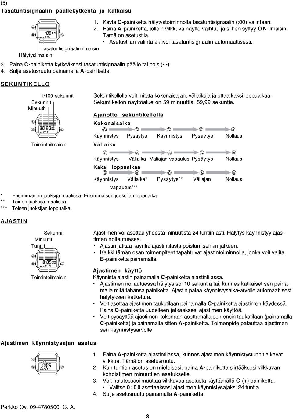 Tasatuntisignaalin ilmaisin Hälytysilmaisin 3. Paina C-painiketta kytkeäksesi tasatuntisignaalin päälle tai pois (- -). 4. Sulje asetusruutu painamalla A-painiketta.