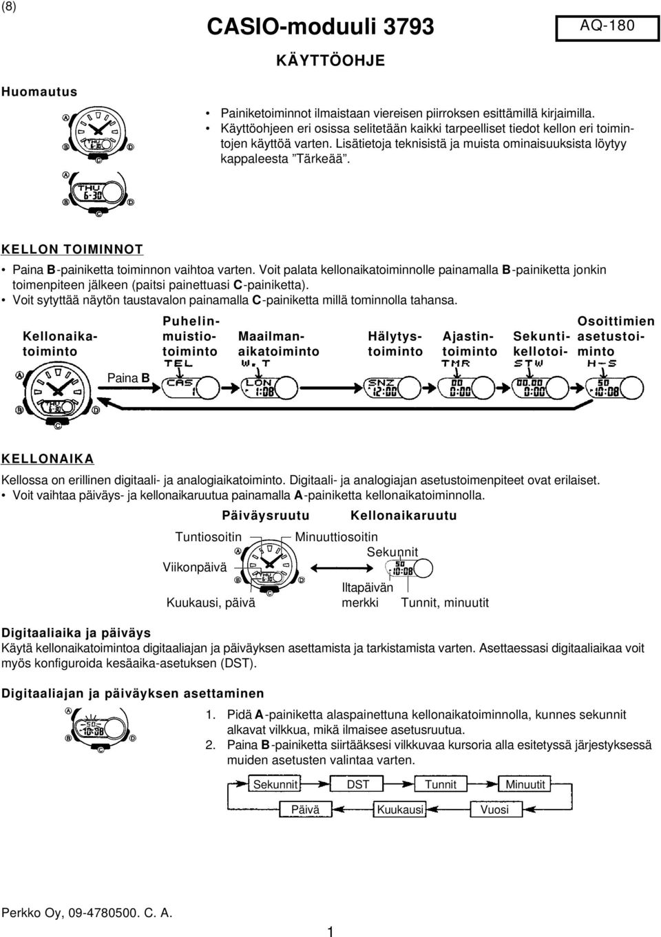 KELLON TOIMINNOT Paina B-painiketta toiminnon vaihtoa varten. Voit palata kellonaikatoiminnolle painamalla B-painiketta jonkin toimenpiteen jälkeen (paitsi painettuasi C-painiketta).