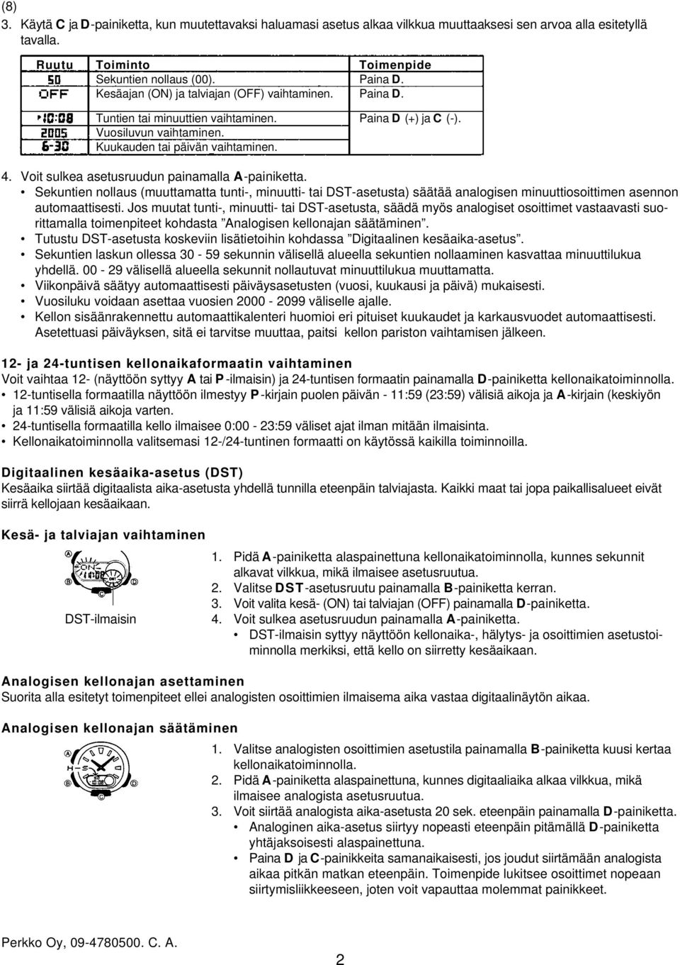 Voit sulkea asetusruudun painamalla A-painiketta. Sekuntien nollaus (muuttamatta tunti-, minuutti- tai DST-asetusta) säätää analogisen minuuttiosoittimen asennon automaattisesti.