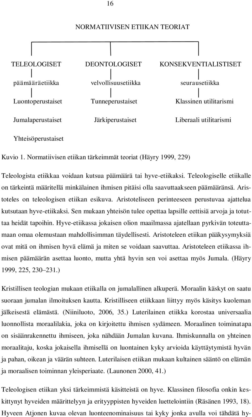 Normatiivisen etiikan tärkeimmät teoriat (Häyry 1999, 229) Teleologista etiikkaa voidaan kutsua päämäärä tai hyve-etiikaksi.