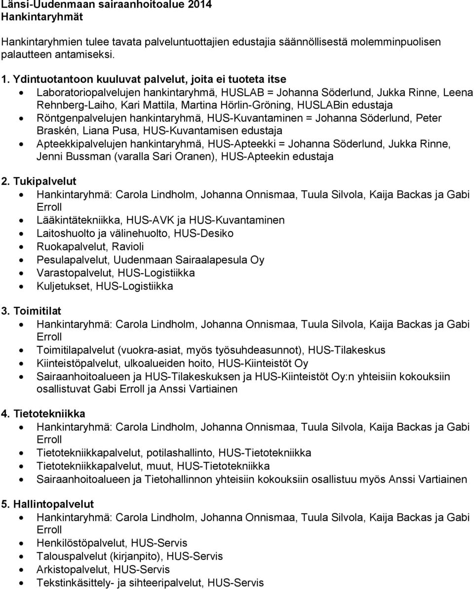 HUSLABin edustaja Röntgenpalvelujen hankintaryhmä, HUS-Kuvantaminen = Johanna Söderlund, Peter Braskén, Liana Pusa, HUS-Kuvantamisen edustaja Apteekkipalvelujen hankintaryhmä, HUS-Apteekki = Johanna