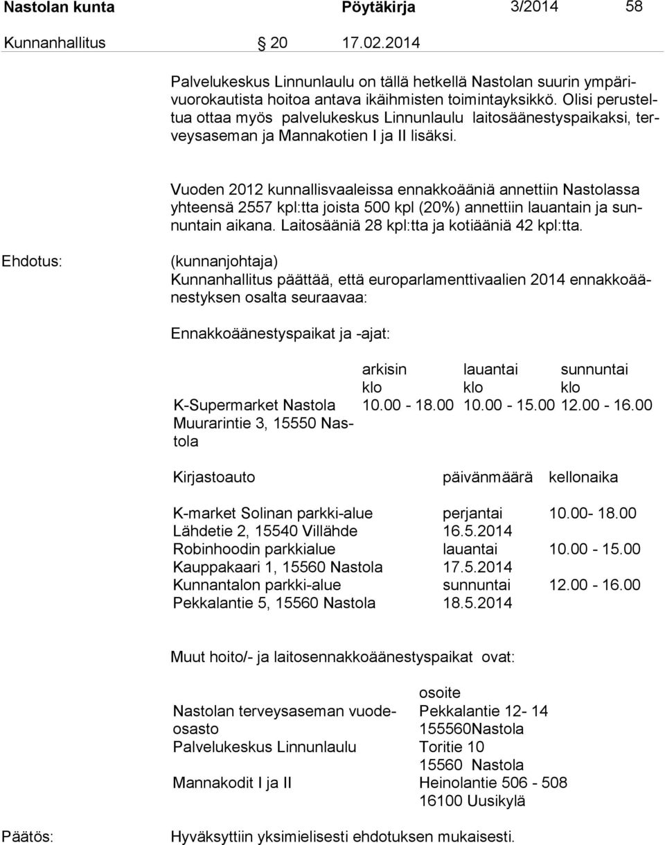 Vuoden 2012 kunnallisvaaleissa ennakkoääniä annettiin Nastolassa yh teensä 2557 kpl:tta joista 500 kpl (20%) annettiin lauantain ja sunnuntain aikana. Laitosääniä 28 kpl:tta ja kotiääniä 42 kpl:tta.