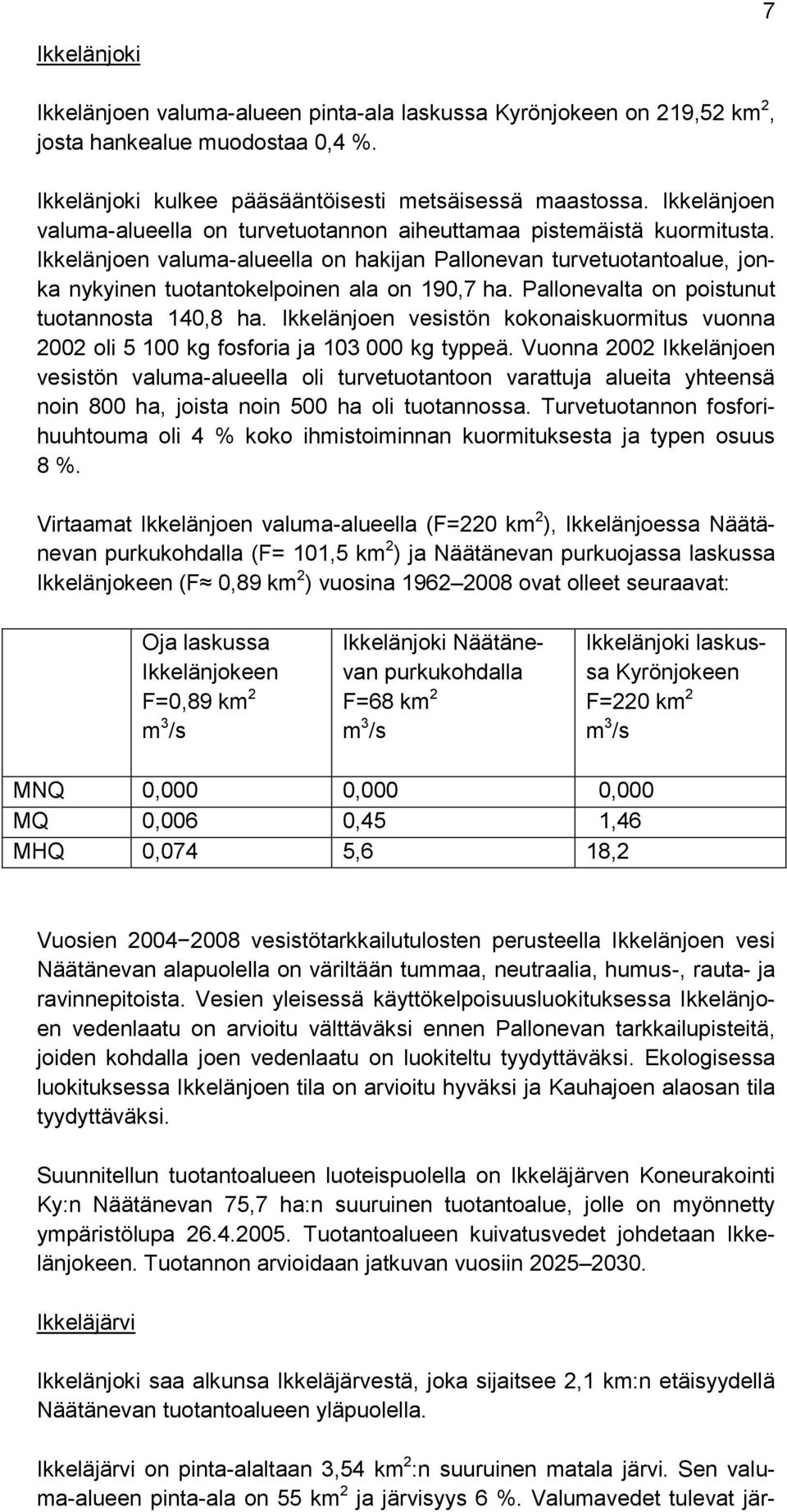 Ikkelänjoen valuma-alueella on hakijan Pallonevan turvetuotantoalue, jonka nykyinen tuotantokelpoinen ala on 190,7 ha. Pallonevalta on poistunut tuotannosta 140,8 ha.