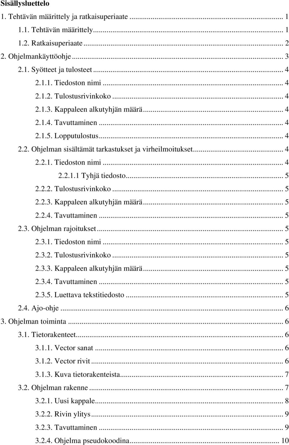 .. 4 2.2.1.1 Tyhjä tiedosto... 5 2.2.2. Tulostusrivinkoko... 5 2.2.3. Kappaleen alkutyhjän määrä... 5 2.2.4. Tavuttaminen... 5 2.3. Ohjelman rajoitukset... 5 2.3.1. Tiedoston nimi... 5 2.3.2. Tulostusrivinkoko... 5 2.3.3. Kappaleen alkutyhjän määrä... 5 2.3.4. Tavuttaminen... 5 2.3.5. Luettava tekstitiedosto.