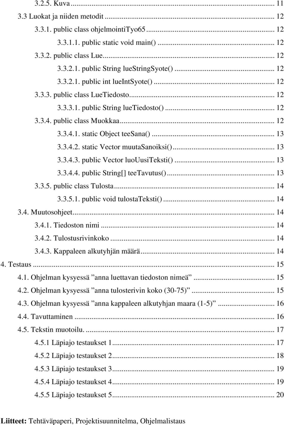 3.4.2. static Vector muutasanoiksi()... 13 3.3.4.3. public Vector luouusiteksti()... 13 3.3.4.4. public String[] teetavutus()... 13 3.3.5. public class Tulosta... 14 3.3.5.1. public void tulostateksti().