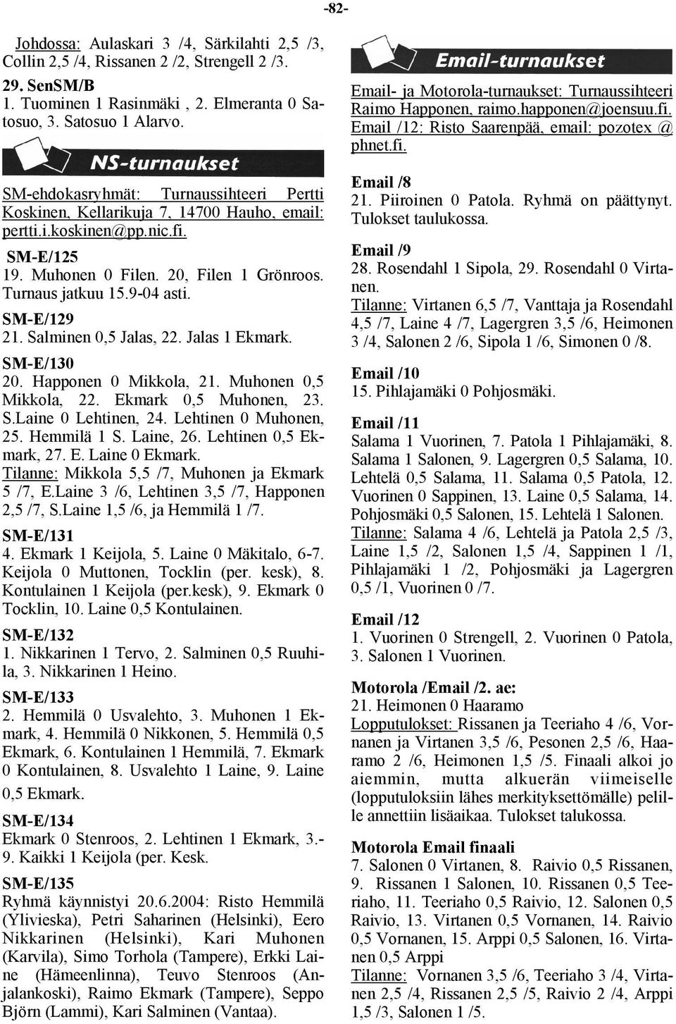 SM-E/129 21. Salminen 0,5 Jalas, 22. Jalas 1 Ekmark. SM-E/130 20. Happonen 0 Mikkola, 21. Muhonen 0,5 Mikkola, 22. Ekmark 0,5 Muhonen, 23. S.Laine 0 Lehtinen, 24. Lehtinen 0 Muhonen, 25. Hemmilä 1 S.